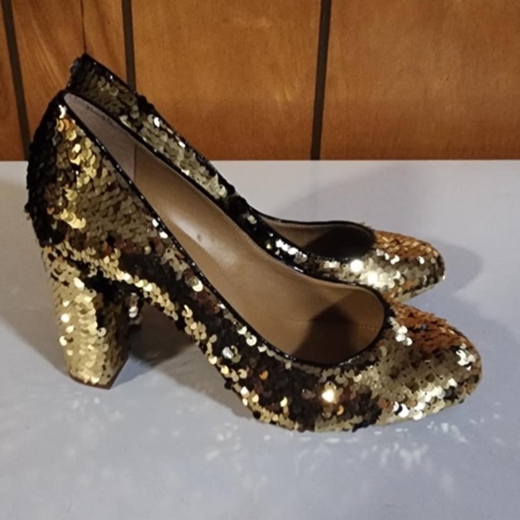 JCrew Factory Size 8.5 Gold Black Sequins Heels Pump 5 EUC ** - Picture 2 of 9
